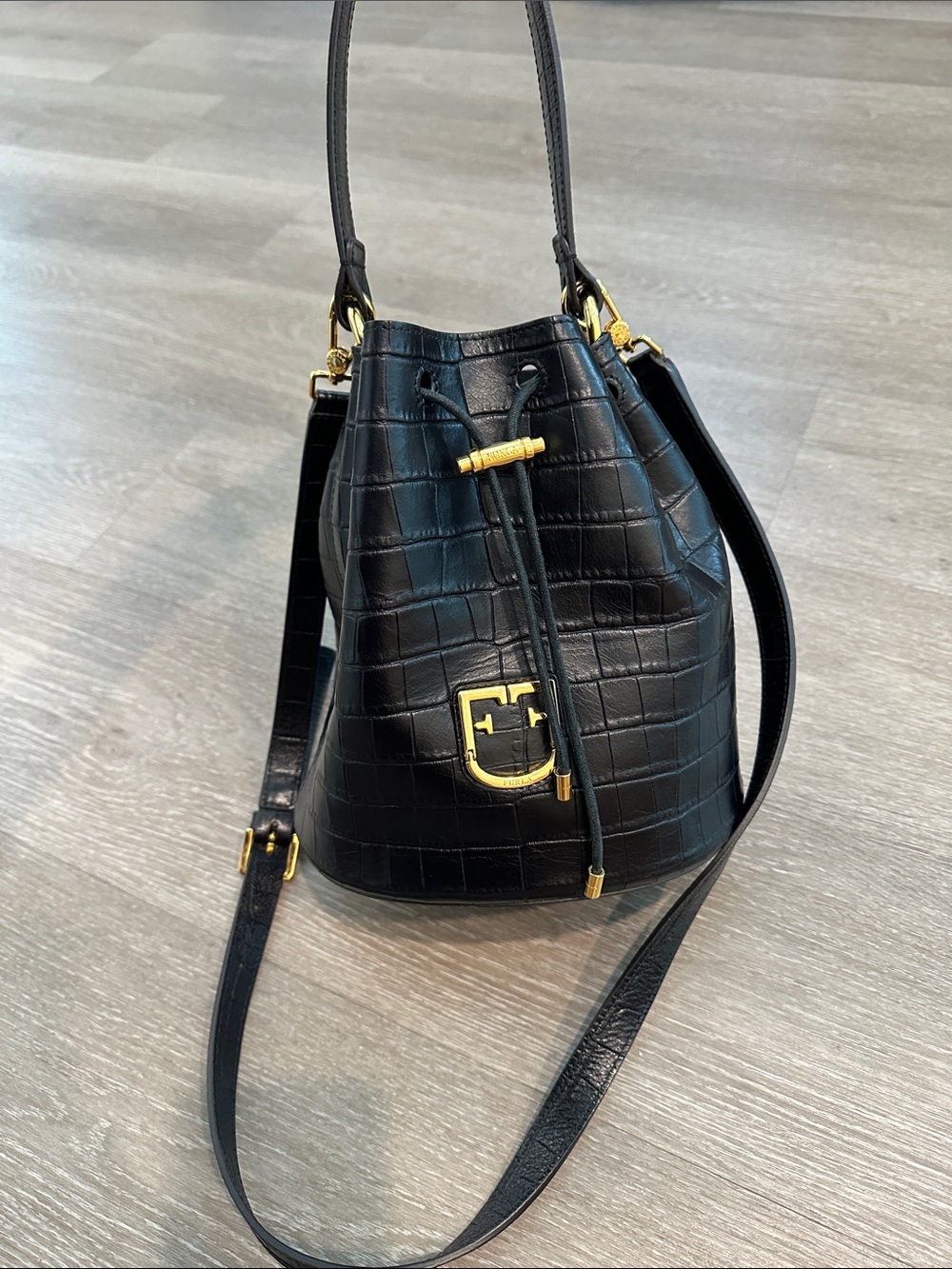 Black Croc-Embossed Drawstring Bucket Bag with Gold Hardware Furla